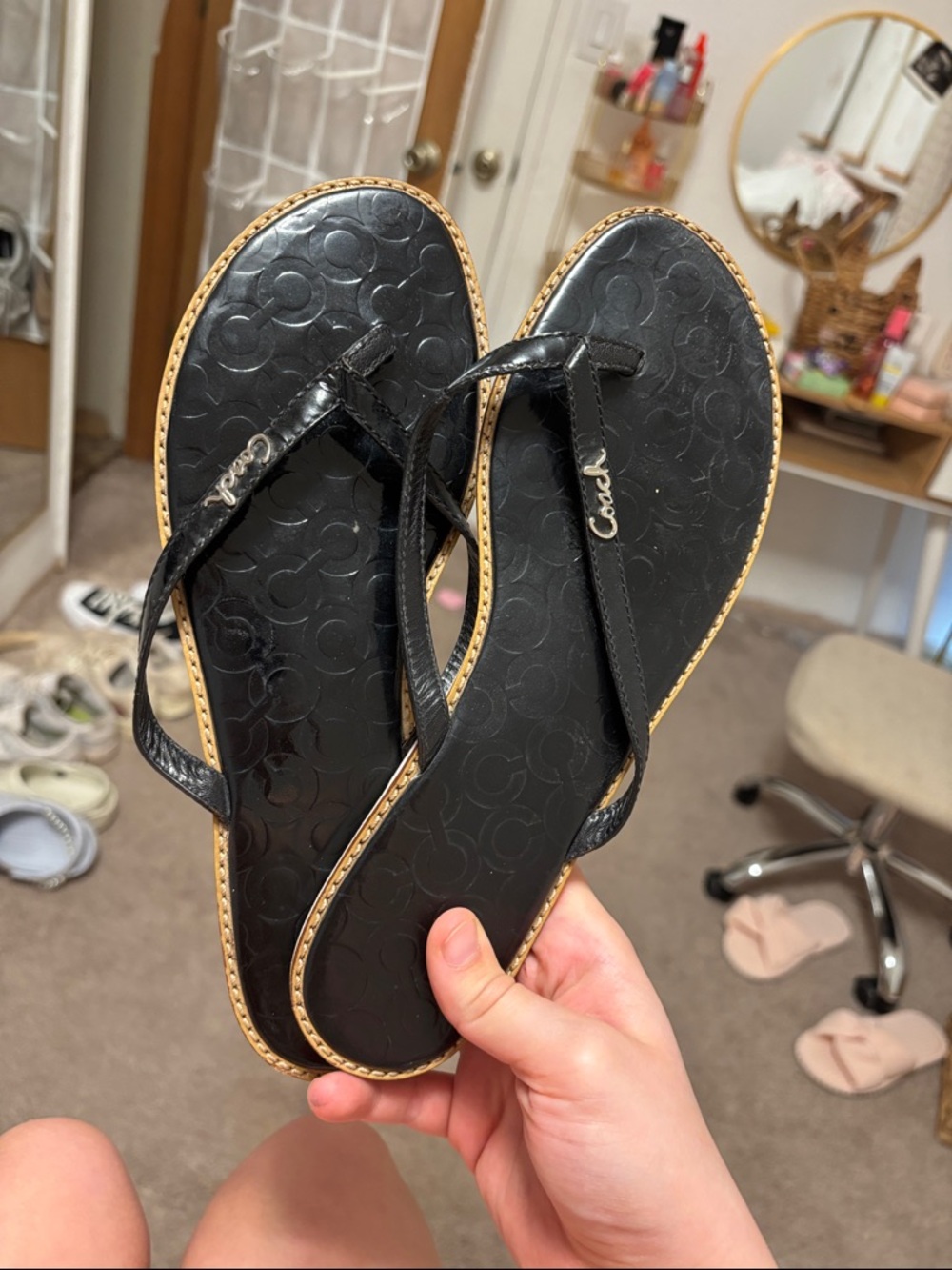 Coach Black Logo-Embossed Flip Flop Sandals with Tan Trim